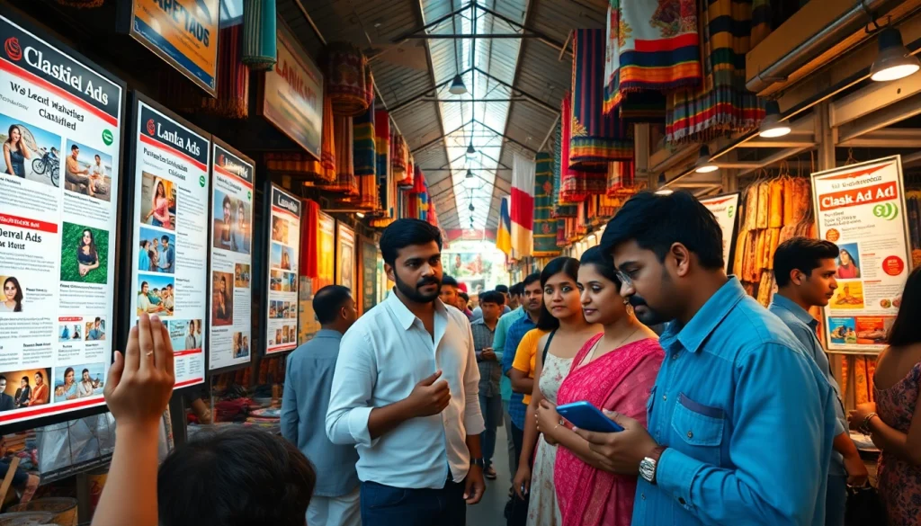 Lively marketplace scene featuring diverse individuals engaging with Lanka Ads for personal and spa services in Sri Lanka.
