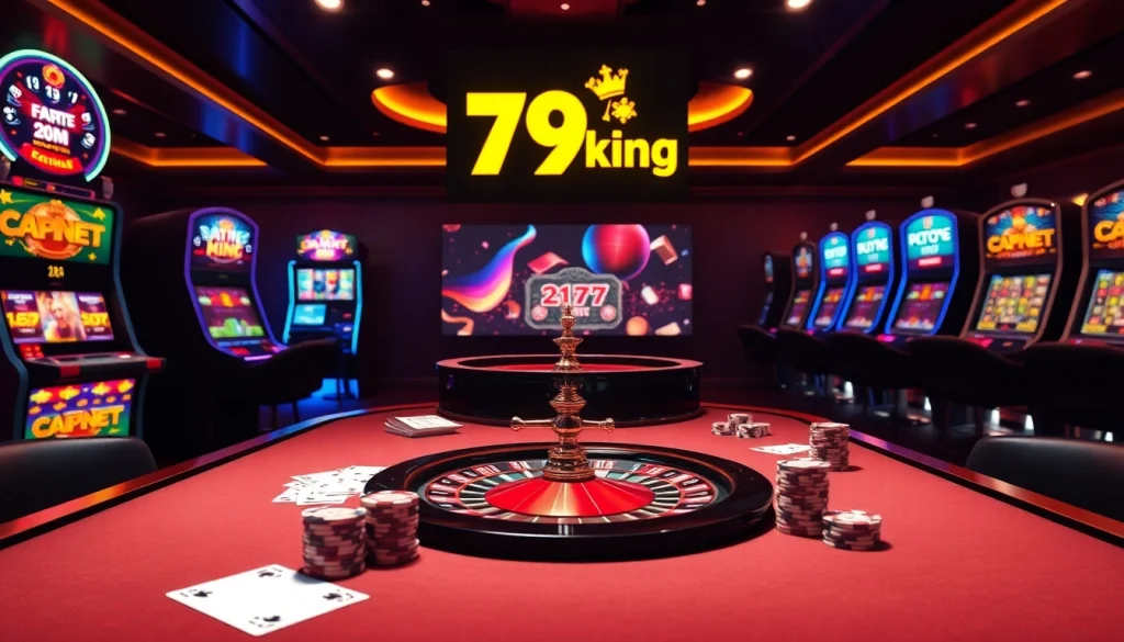 Experience thrilling poker action at 79king with vibrant chips and illuminated slot machines.