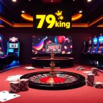 Experience thrilling poker action at 79king with vibrant chips and illuminated slot machines.
