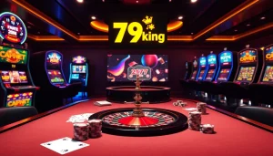 Experience thrilling poker action at 79king with vibrant chips and illuminated slot machines.