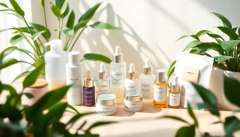 Koreanska hudvårdsprodukter vackert arrangerade för att främja koreansk hudvård online, med essencer och masker i en lugn studiomiljö.