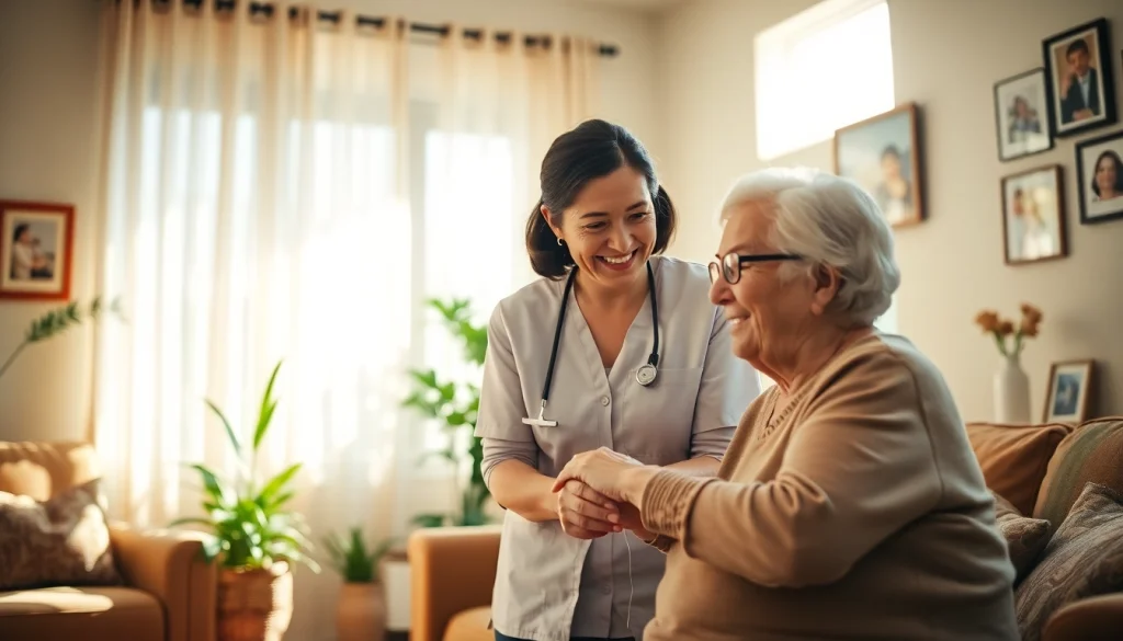 Caregiver providing compassionate senior care austin tx in a cozy living room setting.