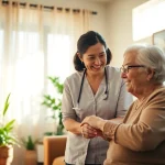 Caregiver providing compassionate senior care austin tx in a cozy living room setting.