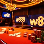 Experience the excitement of placing bets at the w88 casino, featuring vibrant gaming action and a roulette wheel.