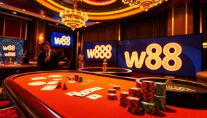 Experience the excitement of placing bets at the w88 casino, featuring vibrant gaming action and a roulette wheel.