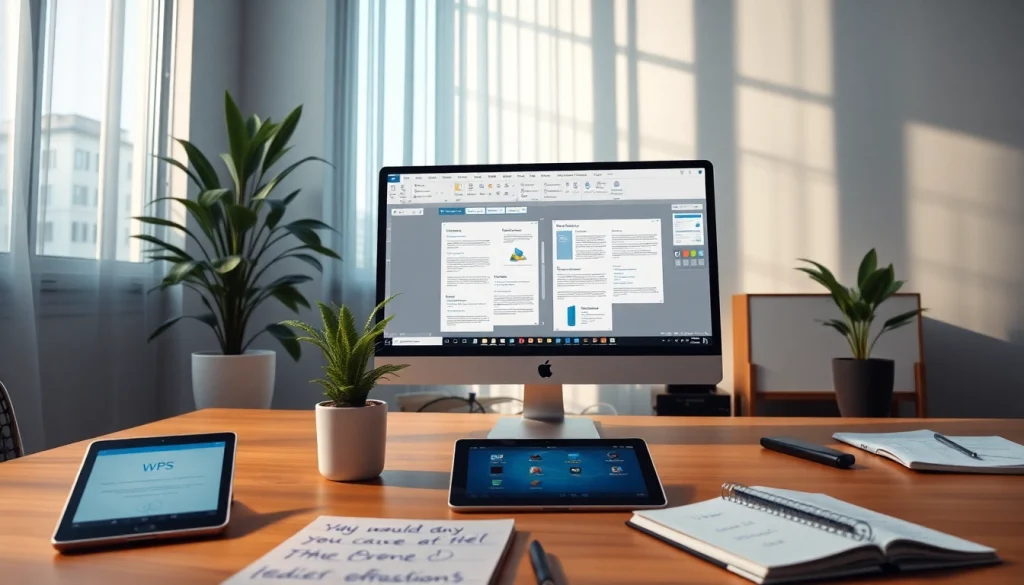 WPS下载 showcasing collaborative document editing in a modern office.