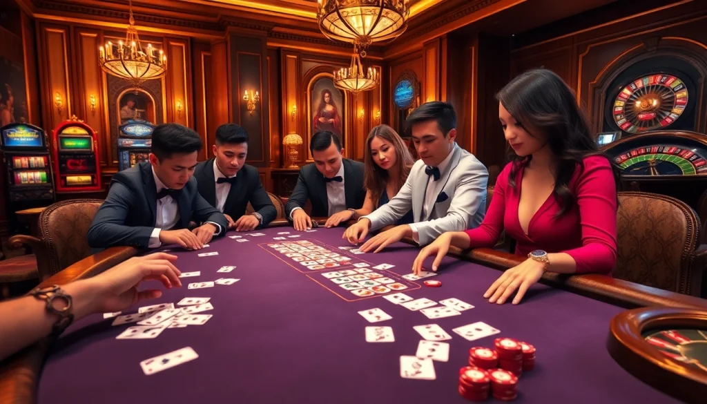 Gamblers enjoying their experience at Nhà cái MMOO with high-stakes gaming tables.