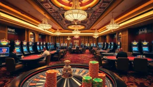 Experience thrilling gameplay at XX88's luxurious casino featuring vibrant gaming tables and roulette wheels.
