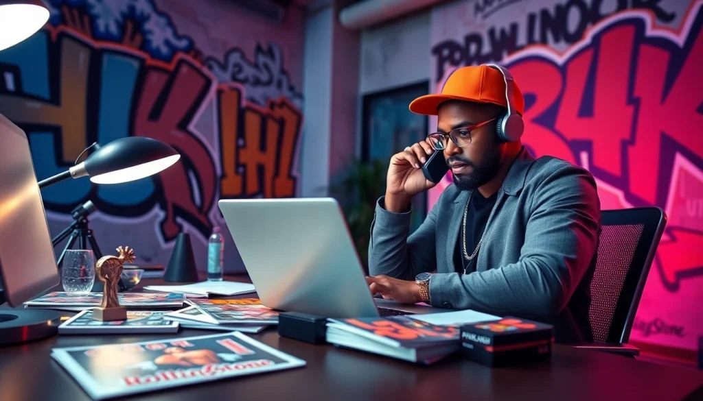 Hip hop publicist strategizing marketing campaigns in a vibrant office.