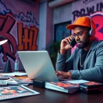 Hip hop publicist strategizing marketing campaigns in a vibrant office.