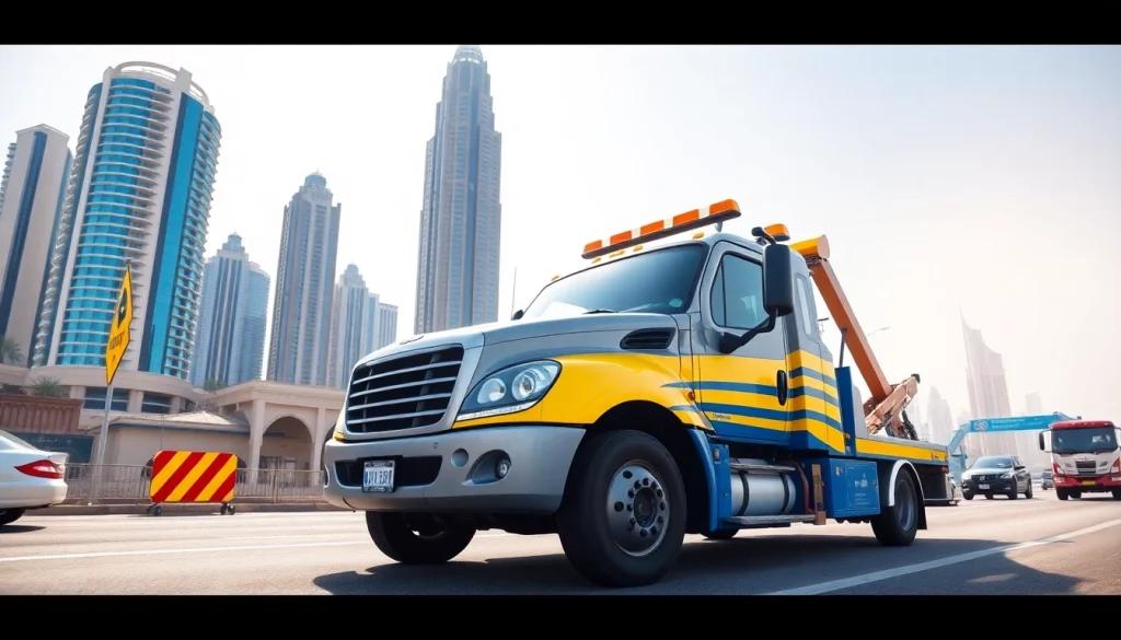 Car recovery service by https://trtrecoveryuae.com in Dubai, featuring a detailed towing truck on a busy street.