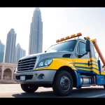 Car recovery service by https://trtrecoveryuae.com in Dubai, featuring a detailed towing truck on a busy street.