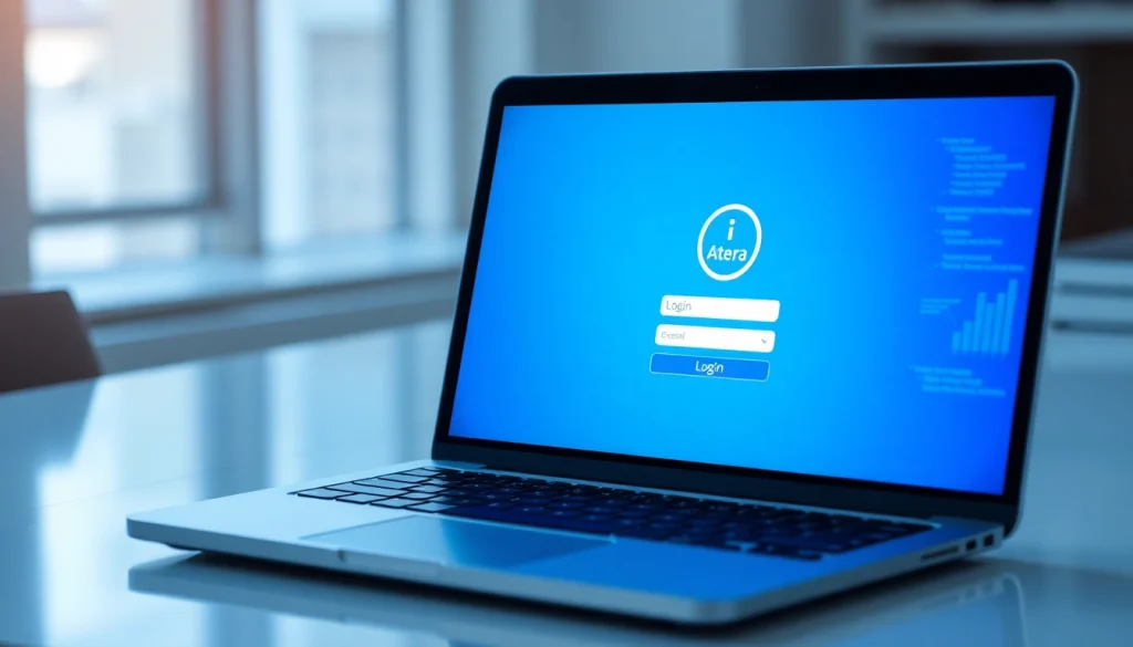 Atera login screen with secure interface elements displayed on a laptop, illustrating a professional environment.
