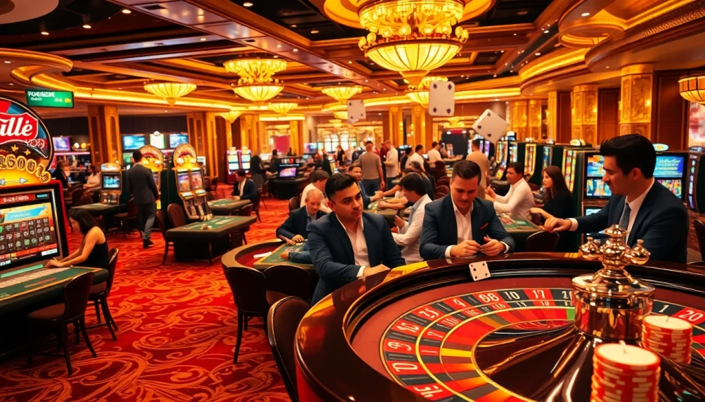 Exciting casino atmosphere showcasing f168info.com with vibrant slot machines and intense poker action.