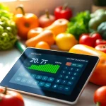 Calculate your daily calorie needs with a professional calorie calculator interface surrounded by fresh fruits.