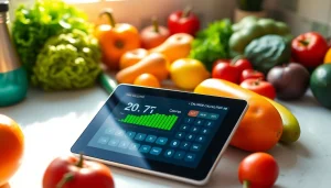 Calculate your daily calorie needs with a professional calorie calculator interface surrounded by fresh fruits.