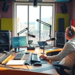 Broadcasting studio depicting hometownstation.com's vibrant community engagement and lively atmosphere.