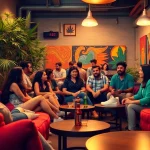 Enjoying the relaxed atmosphere of a cannabis social club with diverse individuals.