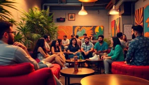 Enjoying the relaxed atmosphere of a cannabis social club with diverse individuals.