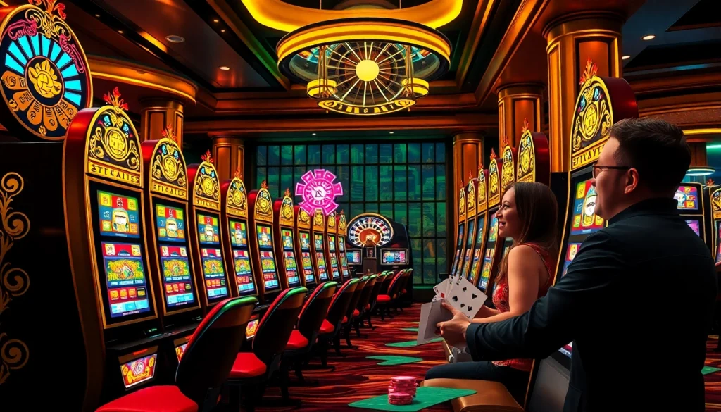 Engaged players enjoying Slot Online games amidst a luxurious casino atmosphere with vibrant slot machines.