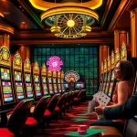 Engaged players enjoying Slot Online games amidst a luxurious casino atmosphere with vibrant slot machines.