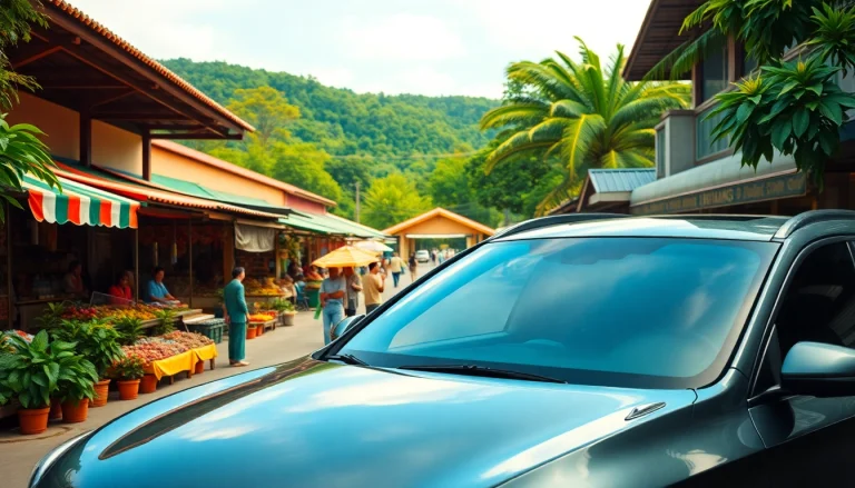 Kuching rent a car parked near a vibrant local market, showcasing the lively culture of the city.