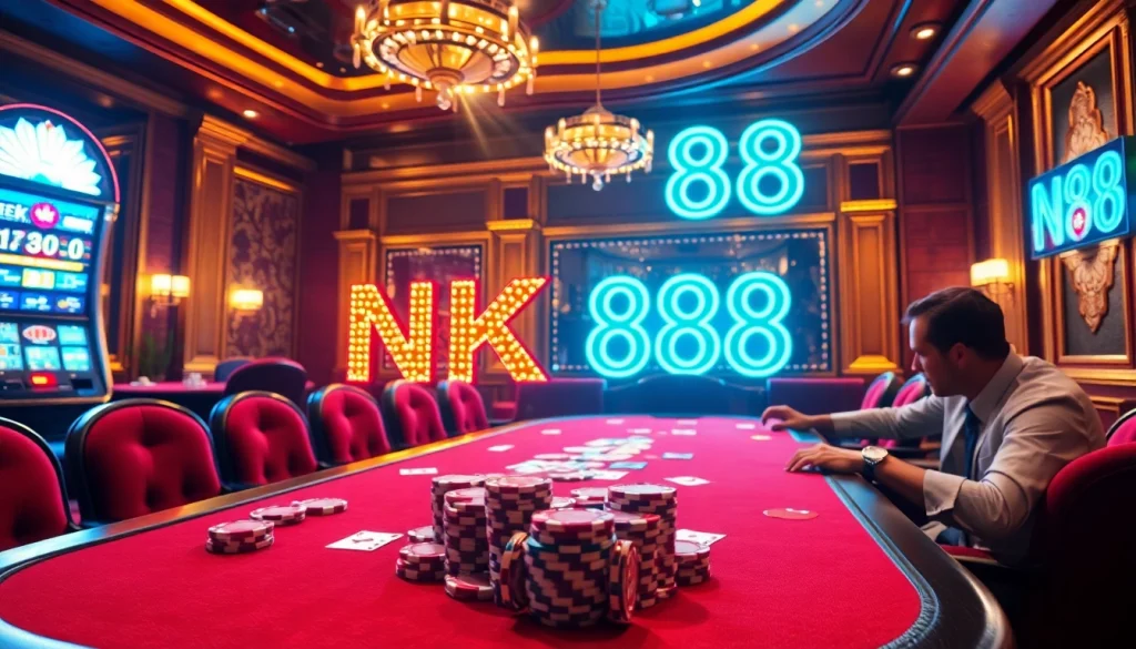 Experience high-stakes excitement at NK 88's luxurious casino with vibrant poker tables and jackpot slots.