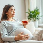 居心地の良い自宅で葉酸サプリを摂取する妊婦さん、妊娠中の健康を促進する様子