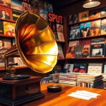 Browse the exquisite gramaphone records collection in a cozy vintage record store.