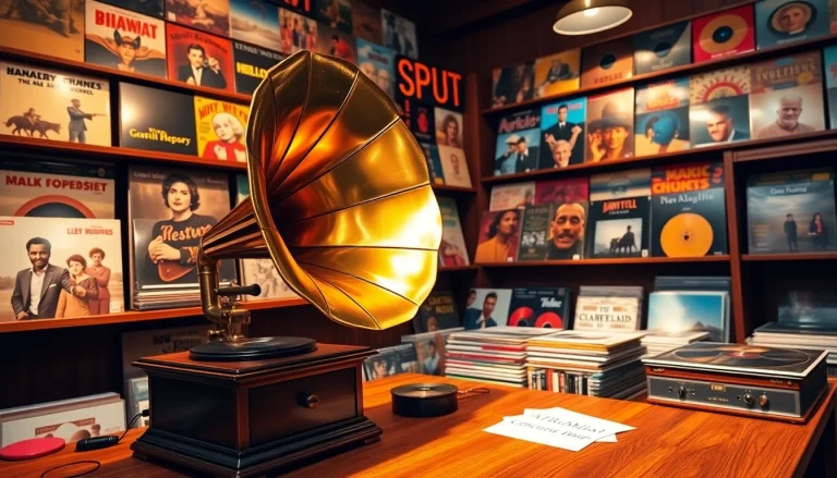 Browse the exquisite gramaphone records collection in a cozy vintage record store.