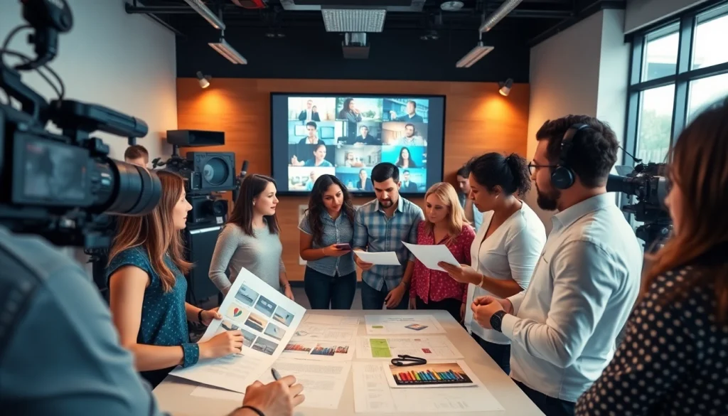 Team of creatives at a Creative Video Production Agency brainstorming in a modern studio.