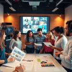 Team of creatives at a Creative Video Production Agency brainstorming in a modern studio.