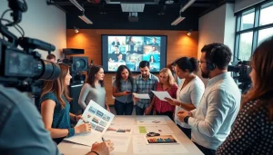 Team of creatives at a Creative Video Production Agency brainstorming in a modern studio.