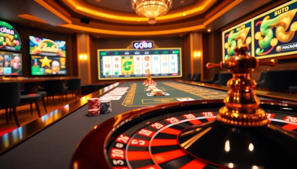 Experience the thrill of play go88 with a luxurious casino scene featuring poker tables and slot machines.