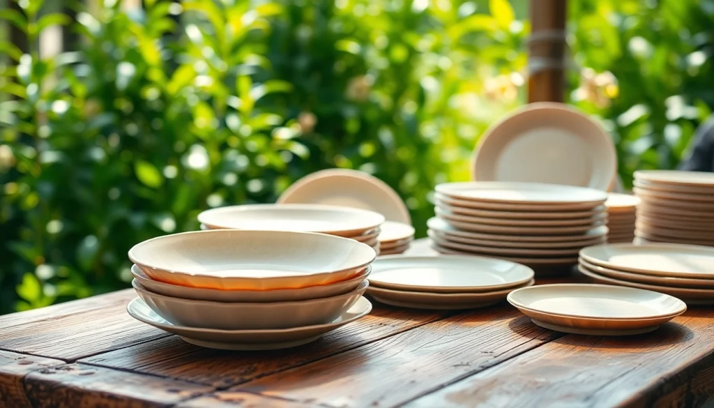 Display of compostable plates on a rustic table highlighting eco-friendly design and textures.