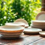 Display of compostable plates on a rustic table highlighting eco-friendly design and textures.