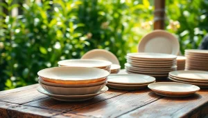 Display of compostable plates on a rustic table highlighting eco-friendly design and textures.
