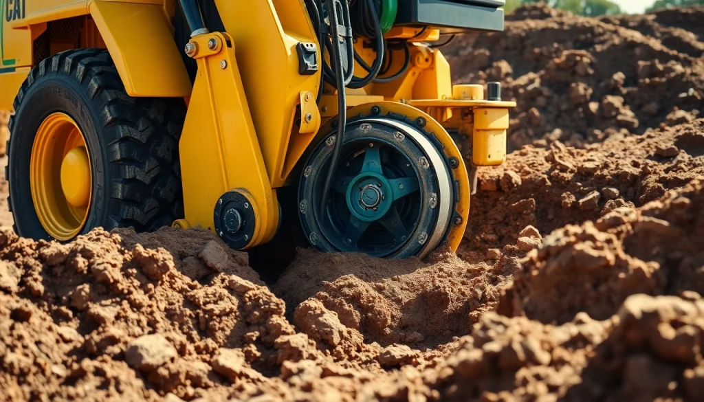 Trencher rental equipment actively working on a construction site, showcasing efficiency and power.