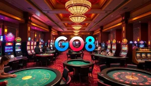 Exciting casino scene featuring GO8 logo with players at tables and vibrant slot machines.