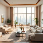 Showcasing an elegant interior design dubai in a modern apartment with luxurious furniture and skyline views.