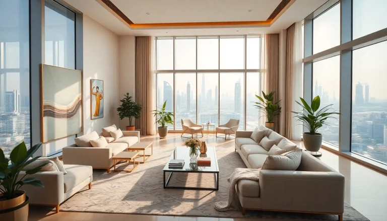 Showcasing an elegant interior design dubai in a modern apartment with luxurious furniture and skyline views.