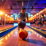 Bowling parts for Brunswick showcased in a vibrant bowling alley setting.