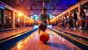 Bowling parts for Brunswick showcased in a vibrant bowling alley setting.