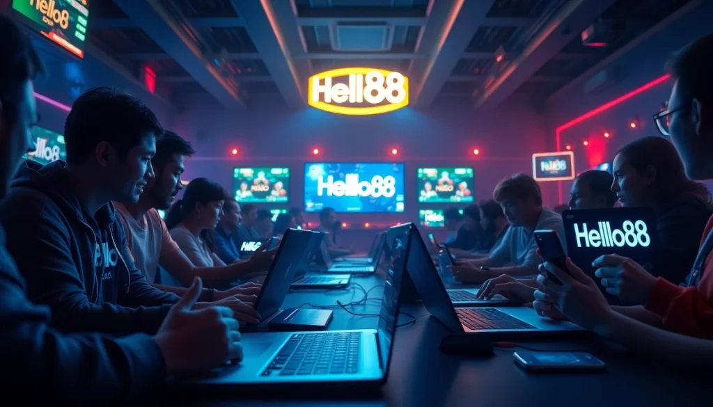 Hello88 interactive online gaming atmosphere with users engaging on devices.