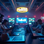 Hello88 interactive online gaming atmosphere with users engaging on devices.