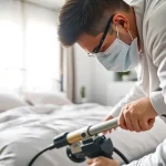 Treating bed bugs professionally with https://affordablebedbugexterminators.com in a tidy bedroom setting.