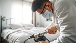 Treating bed bugs professionally with https://affordablebedbugexterminators.com in a tidy bedroom setting.