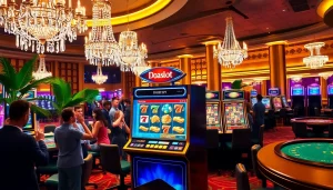 A casino scene showcasing active players at doaslot slot machines, evoking thrill and luxury.
