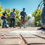 čiščenje tlakovcev s strokovno ekipo, ki prikazuje sijoče čiste površine in moderno čistilno opremo