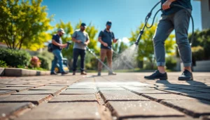 čiščenje tlakovcev s strokovno ekipo, ki prikazuje sijoče čiste površine in moderno čistilno opremo